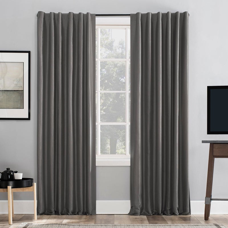 Sun Zero - 56252 Greyson Faux Dupioni Silk Extreme 100% Blackout Back Tab Curtain Panel, 50" x 84", Gray - Image 1